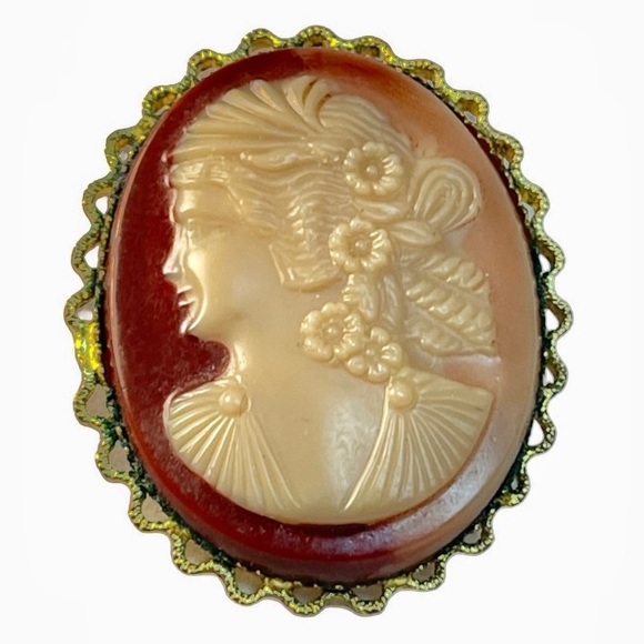 cameo Jewelry - Antique oranate gold finish Celluloid cameo brooch